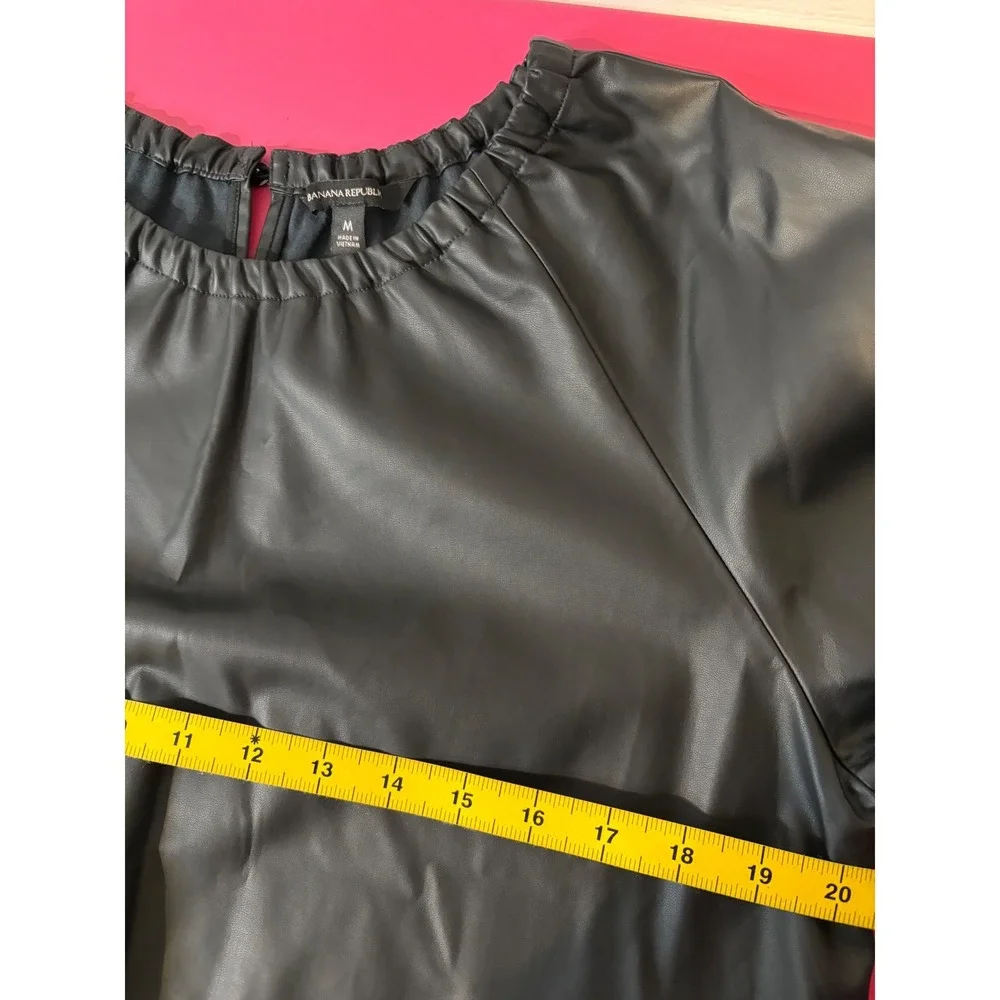 BANANA REPUBLIC Black Faux Leather Puff Sleeve Blouse Sz M Edgy Sleek Minimalist